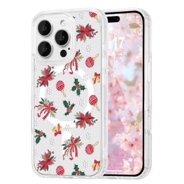 Imagem de DEFBSC Capa magnética para iPhone 16 Pro Max compatível com Magsafe, capa de telefone estética com laço de Natal bonito transparente para mulheres e meninas, fina, durável, à prova de choque para
