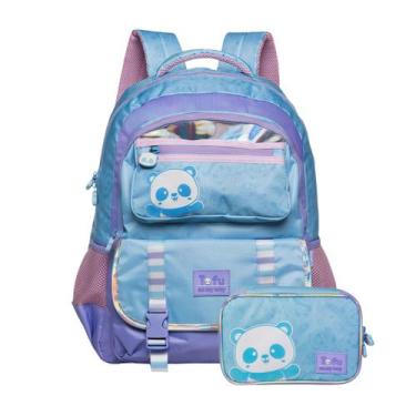 Imagem de Kit Mochila Costas Panda Escola Holográfico Com Estojo Box Cor:Azul, A