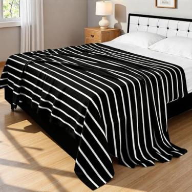 Imagem de MAG Lençol de cima listrado tamanho solteiro apenas, lençol de cima guingão à base de preto e branco, microfibra super macia para amantes de listras, tamanho solteiro (165 x 241 cm).