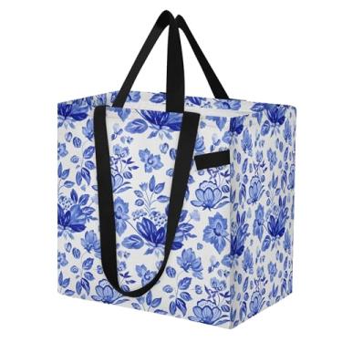 Imagem de SEHANY Sacolas de compras reutilizáveis de porcelana azul e branca com alças reforçadas, bolsa de compras de lona dobrável à prova d'água de grande capacidade para viagem, cozinha, praia