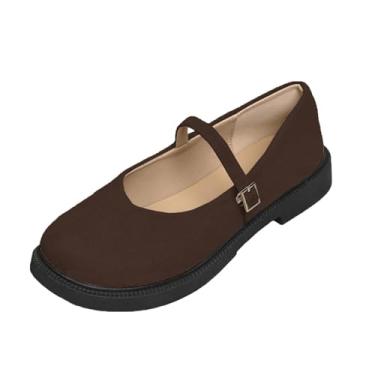 Imagem de Mocassins femininos modernos, casuais, com fivela sólida, bico redondo, salto médio, camurça flocada, Marrom, 36