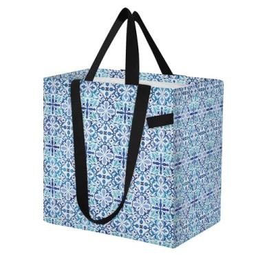 Imagem de SEHANY Sacolas de compras reutilizáveis de porcelana azul e branca com alças reforçadas, bolsa de compras de lona dobrável à prova d'água de grande capacidade para viagem, cozinha, praia