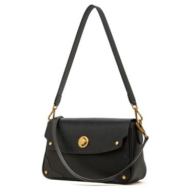 Imagem de MFFOR Bolsa de ombro feminina, bolsa transversal de couro legítimo, bolsa pequena Hobo, bolsa de mão com 2 alças destacáveis, Preto, Bolsa de ombro de couro genuíno para mulheres