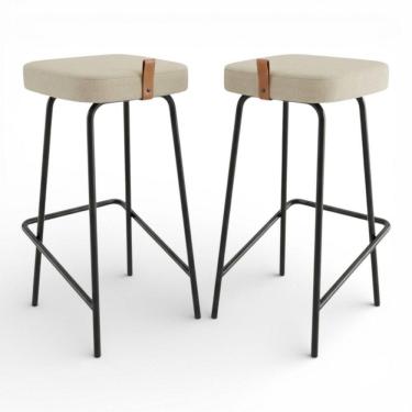 Imagem de Kit 02 Banquetas Altas Cozinha e Área Gourmet Vik Estofada Linho Bege - Desk Design