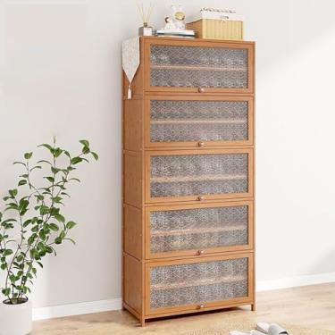 Imagem de SGeneE Armário de sapatos de bambu com portas em relevo de begônia, rack de armazenamento de sapatos com prateleiras ajustáveis, armário de corredor organizador de sapatos banco para entrada e sala de