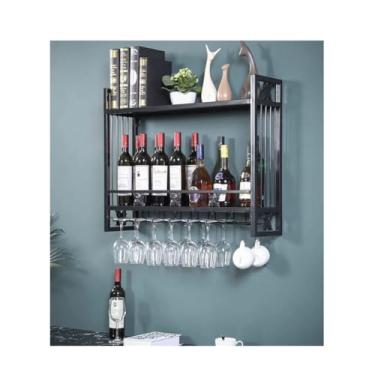 Imagem de Garrafas de vinho industriais montadas na parede, rack de vinho suspenso barra de 2 camadas para sala de jantar, cozinha de bar de casa, decoração de sala de estar (cor: preto, tamanho: 60 x 22 cm)