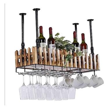 Imagem de Rack de vinho e suporte de vidro montado no teto, prateleira industrial ajustável para copos de vinho com luzes para bar, café, cozinha