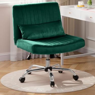 Imagem de Warmiehomy Cadeira de escritório cruzada com rodas, cadeiras de mesa de veludo com pernas cruzadas para casa, cadeira de computador giratória sem braços com altura ajustável, assento largo, cadeira