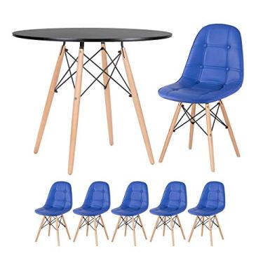 Imagem de Loft7 Home Decor, Kit Mesa Eames Eiffel 90 cm + 5 Cadeiras Estofadas Botonê - Azul