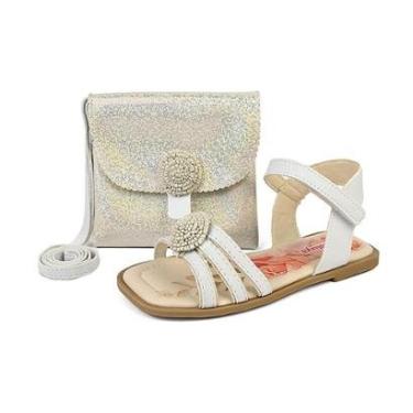 Imagem de Kit Sandália Esportiva Rasteira Feminina Infantil Menina Conforto Com Bolsa Branca/Prata Gatatuya-Feminino