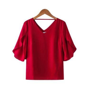 Imagem de Chiffon blusa para as mulheres, manga curta, v-neck, solto, babados, s