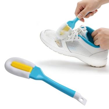 Imagem de Escova de limpeza de sapatos, limpador multifuncional de escova de sapatos de cabo longo, limpeza de sapatos de cerdas macias penduráveis para chapéu, bolsa (azul)