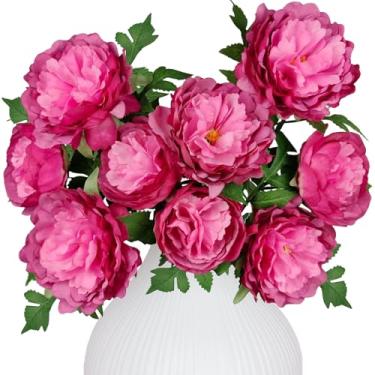 Imagem de LA.PONEE Flores artificiais de peônias fúcsia premium, flores de peônia de seda falsa com hastes, florais falsos para buquês de noiva de casamento, arranjos florais, centros de mesa, decorações de