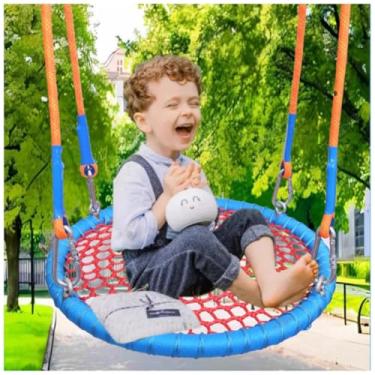 Imagem de Balanço de disco de ninho para crianças ao ar livre - assento redondo de rede de aranha para quintal, durável 70 cm (27,56 pol) balanço cinza para crianças, perfeito para diversão no jardim e