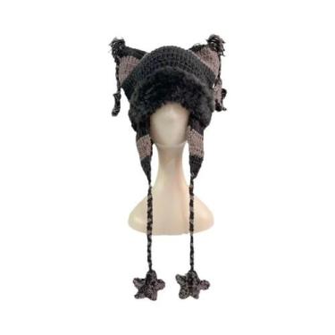 Imagem de Gorro Feminino Quente De Tricô Artesanal Com Orelhas De Gato E Listras