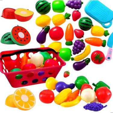 Imagem de Kit de Frutas de Brinquedo com Tábua de Cortar, 23 Peças, Cesta Vermel