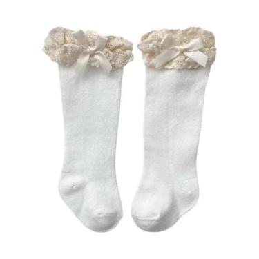 Imagem de Meias De Algodão Com Renda E Babados Para Meninas, Altura Até O Joelho