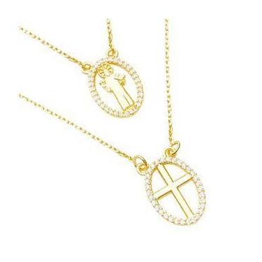 Imagem de Escapulário De Ouro Cruz e São Bento 60cm Cadeado Masculino Banhado a 