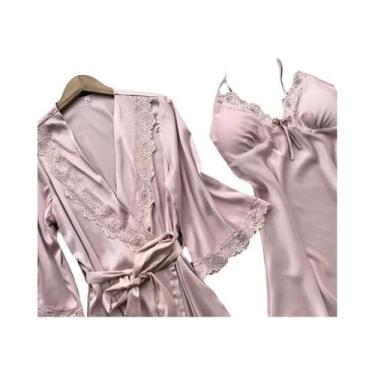Imagem de Conjunto De Pijamas De Seda Para Mulheres Com Robe De Renda E Decote E