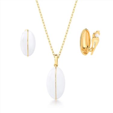 Imagem de Conjunto Colar e Brinco de Pressão esmaltados em branco banhado em ouro