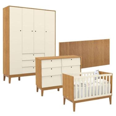 Imagem de Quarto De Bebê Unique 4 Portas Com Cômoda 6 Gavetas E Painel Ripado Freijó Off White Eco Wood - Matic