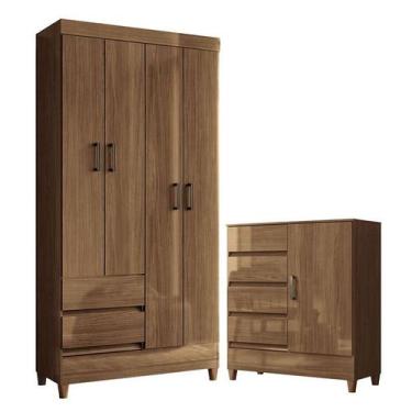 Imagem de Guarda Roupa Solteiro 4 portas com Pés Fit e Cômoda 1 Porta e 4 Gaveta