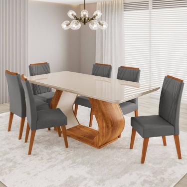 Imagem de Conjunto Sala de Jantar 6 Lugares Retangular Tampo em Vidro e Mdf Saron Mel/Off White/Cinza