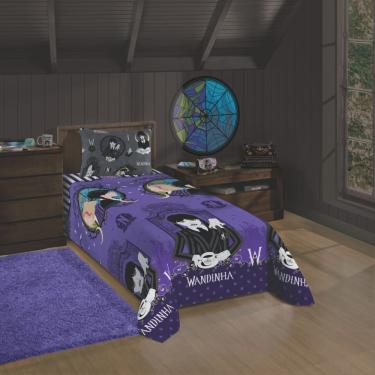 Imagem de Jogo de Lençol Personagens Wandinha Solteiro 2 Peças 100% Poliéster Microfibra Toque Macio Roxo
