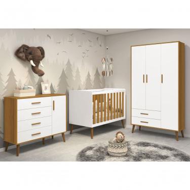 Imagem de Jogo De Quarto Retrô Para Bebê Completo 3 Portas Isis Branco Fosco Com Savana Fosco - Moveisaqui