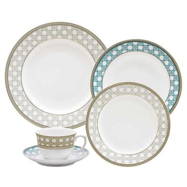 Imagem de Aparelho de Jantar Flamingo Palinha Brasileira 30 Peças Porcelana Acabamento com Ouro Branco Oxford