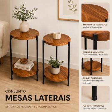 Imagem de Kit 2 Mesas Laterais Redonda Canto Cabeceira Em Ferro E Madeira - TB