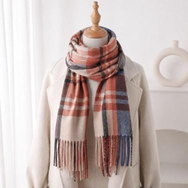 Imagem de Cachecol Xadrez Feminino Elegante Echarpe Inverno com Franjas Macio Es
