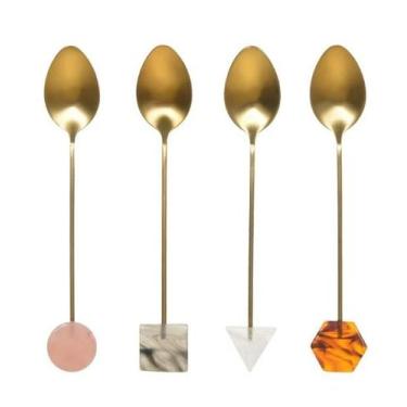 Imagem de Kit 4 Colheres de Cha Aço Inox Dourado Pedras 55653001 - Florarte