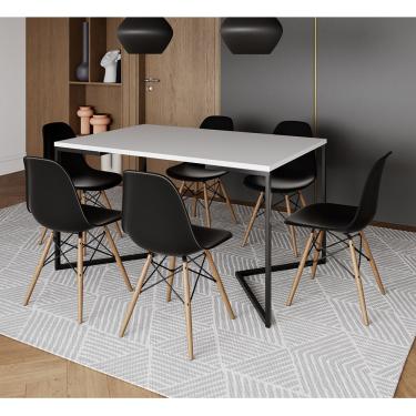 Imagem de Mesa Jantar Industrial Retangular Branca 137x90cm Base V Ferro Preto com 6 Cadeiras Preta Eames Made