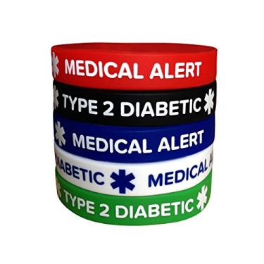 Imagem de Pulseiras de silicone para diabetes tipo 2 alerta médico (pacote com 5) pulseira tamanho adulto para homens e mulheres 19,8 cm