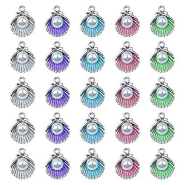 Imagem de AUEAR, Pacote com 50 pingentes de concha esmaltada de cores mistas com pérolas brancas de acrílico colar pulseira joias fazendo suprimentos acessórios para artesanato
