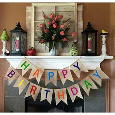 Imagem de Vagski Faixa de serapilheira de feliz aniversário - bandeiras coloridas de guirlanda para decorações de festa - Placa de aniversário rústica VAG041