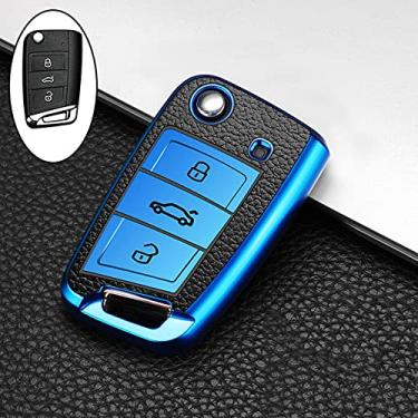 Imagem de YJADHU Capa de chave de carro de grão masculino e feminino de couro TPU, apto para Volkswagen VW Golf 7 mk7 Seat Ibiza Leon FR 2 Altea Aztec Skoda Octavia A7, B, azul