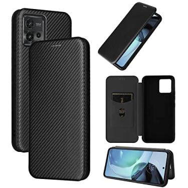 Imagem de Capas de telefone de fibra de carbono de luxo compatíveis com Motorola Moto G72 G 72 4G capa de couro porta-cartões de visita clipe de carteira capa de telefone à prova de choque (preto, Moto G72 4G)