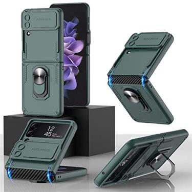 Imagem de Com capa protetora de câmera com janela push para Samsung Galaxy Z Flip 4 5G chaveiro magnético à prova de choque Capa de telefone de fibra de carbono, verde, para galaxy Z flip 4