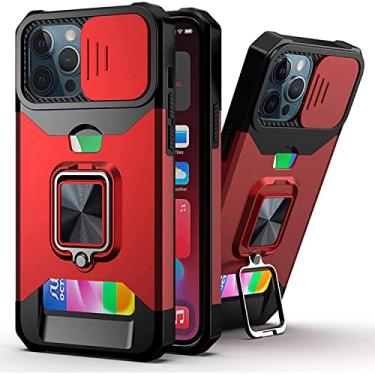 Imagem de HOUCY Capa para iPhone 14 Pro, capa à prova de choque de grau militar com suporte de anel e proteção de câmera deslizante armadura de camada dupla TPU capa protetora de telefone 6,1 polegadas (cor: vermelho)