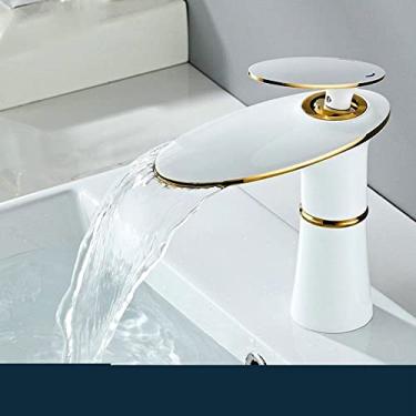 Imagem de Torneira de lavatório em cascata ouro branco quente frio misturador lavatório torneira de latão preto alto misturador de banheiro guindaste torneira de hardware doméstico, ouro branco curto A