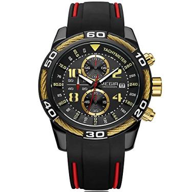 Imagem de MEGIR Relógio masculino esportivo militar luxuoso moda cronógrafo relógio masculino pulseira de silicone à prova d'água luminoso relógio de pulso, Dourado, preto, Relógios cronógrafo, quartzo