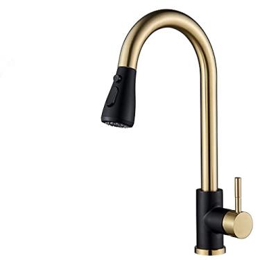 Imagem de Torneira de cozinha preta fosca Torneira misturadora dourada Retrátil Montada no convés Torneira para pia de banheiro Misturadores de água quente e fria Cabeça de pulverização, ouro escovado preto