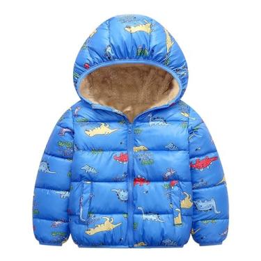 Imagem de Jaqueta infantil para meninos e meninas manga comprida com capuz estampa de dinossauro acolchoada com bolsos inverno (azul, 18-24 meses)