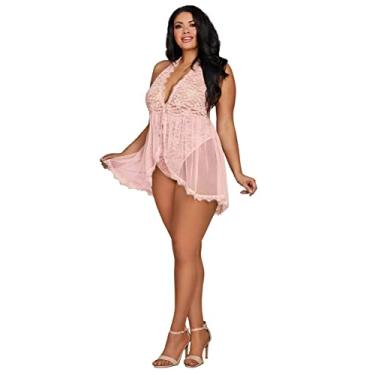 Imagem de Dreamgirl Roupa íntima feminina plus size plus size frente única de renda com saia esvoaçante, Champanhe rosa, Tamanho Único
