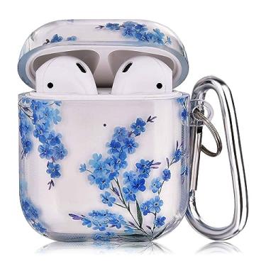 Imagem de QINGQING Compatível com AirPods, capa rígida protetora de Airpods com design bonito e à prova de choque para mulheres e homens com chaveiro para AirPods 2/1 capa de carregamento (azul floral)