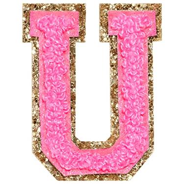 Imagem de 3 Pçs Chenille Letter Patches Ferro em Patches Glitter Varsity Letter Patches Bordado Borda Dourada Costurar em Patches para Vestuário Chapéu Camisa Bolsa (Rosa, U)