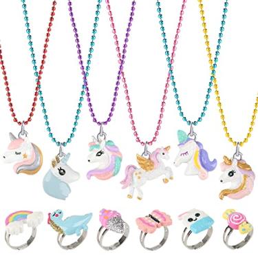 Imagem de Yocharm 12 peças colares infantis anéis para meninas brilhantes arco-íris unicórnio lembrancinhas de festa presentes de aniversário colar de fantasia infantil joias de fantasia para meninas, tamanho único, resina, resina, One_Size, Resina, resina