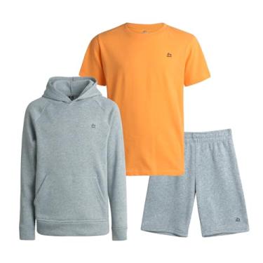 Imagem de RBX Conjunto de moletom para meninos - moletom com capuz de lã de 3 peças, shorts de moletom e camiseta de manga curta - conjunto esportivo para meninos, Cinza/laranja pop, 10